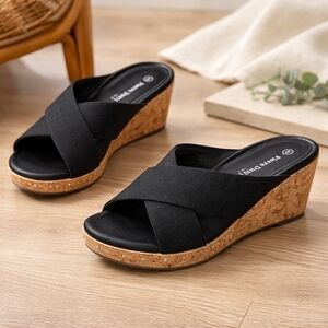 Pierre Dumas Black Cork Wedge Casual Slide Sandals Size 8